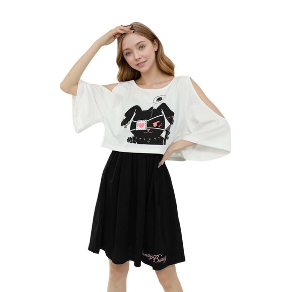 Gloomy Bunny 2-Piece Kawaii Dress Set Graphic Tee Spaghetti Strap Cartoon Dress - Picture 2 of 8